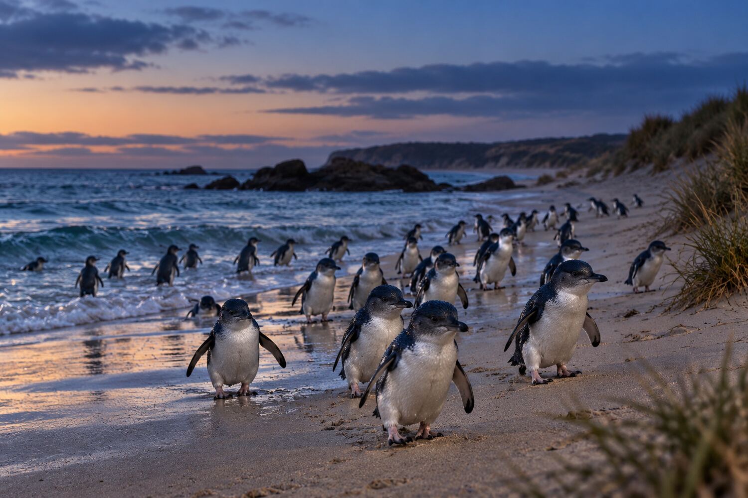 Little penguins crossing a beach at dusk on the Australian coast