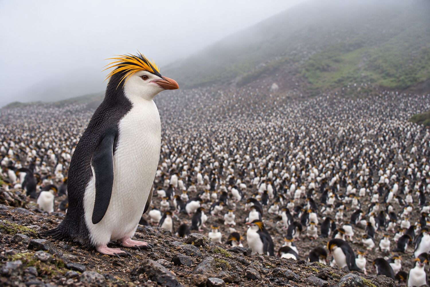 Royal penguin with orange head crest and pale face